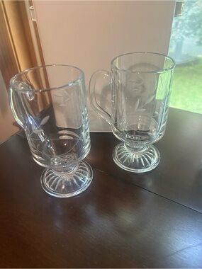 Princess House Irish Coffee Mugs -Clear Etched Glass Pedestal Mugs - Set of 2